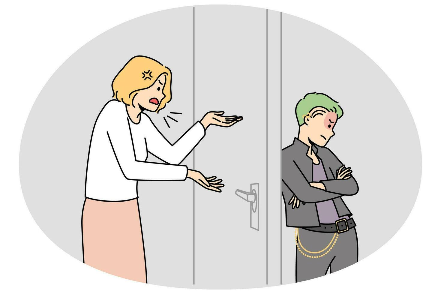 Angry mother talking to teen goth child locked in room. Parent children relationship concept. Adolescence and growing up. Vector illustration.