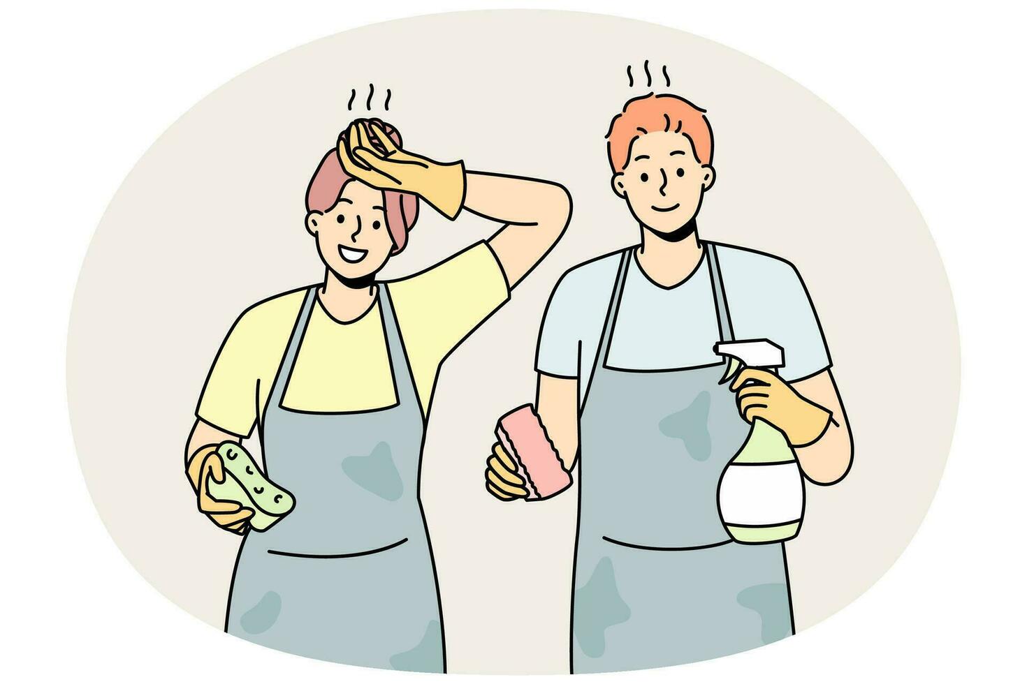 Exhausted couple feel tired after house cleaning. Man and woman in aprons housekeeping together. Household chores. Vector illustration.