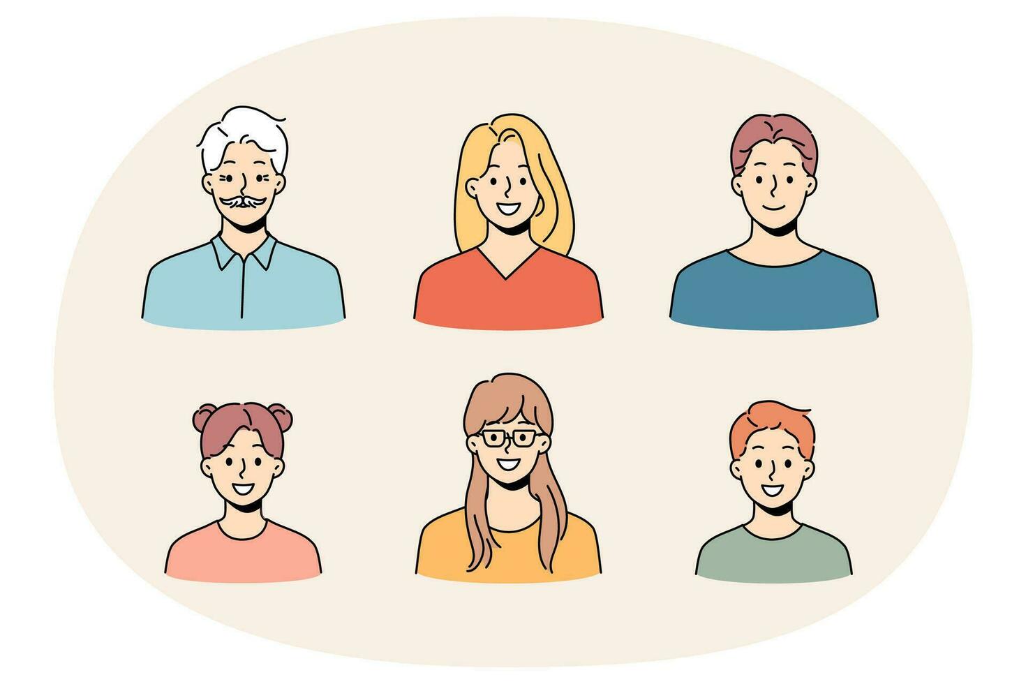 Avatars of diverse people set. Collection of younger and older person faces. Diversity and equality. Vector illustration.