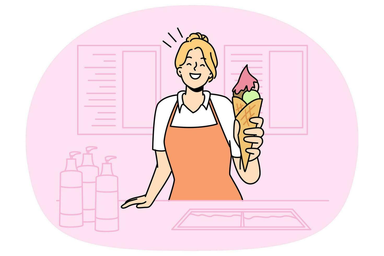 Smiling girl seller stretch hand with ice-cream from street vendor. Happy woman give frozen dessert. Commerce and small business. Vector illustration.