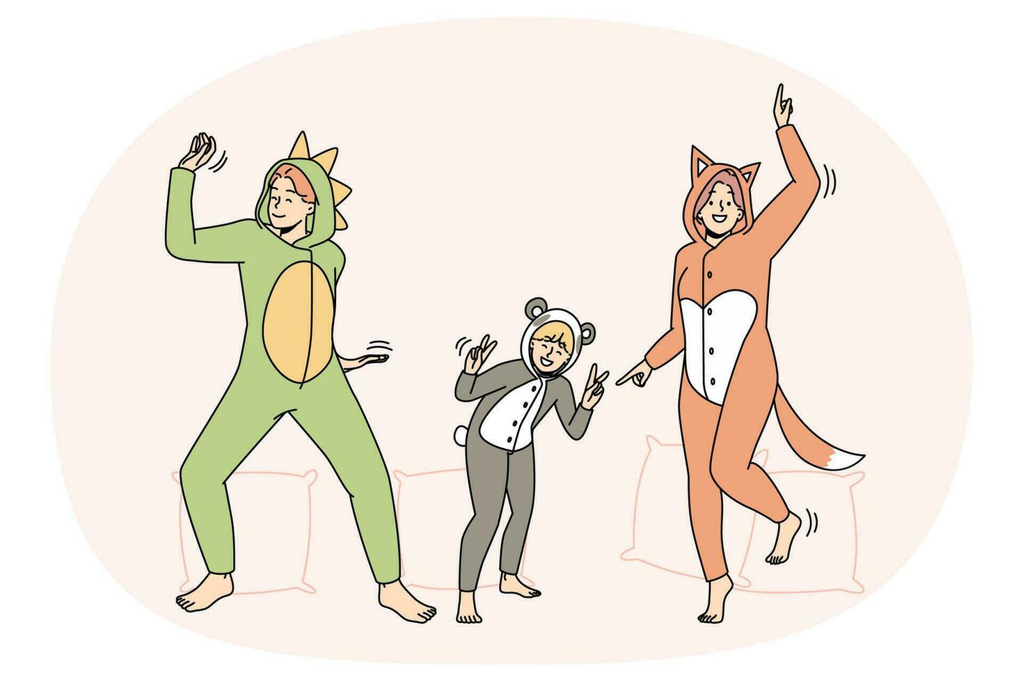 People in kigurumi pajamas have fun dancing indoors. Smiling adults and kid enjoying pyjama home party together. Leisure weekend. Vector illustration.