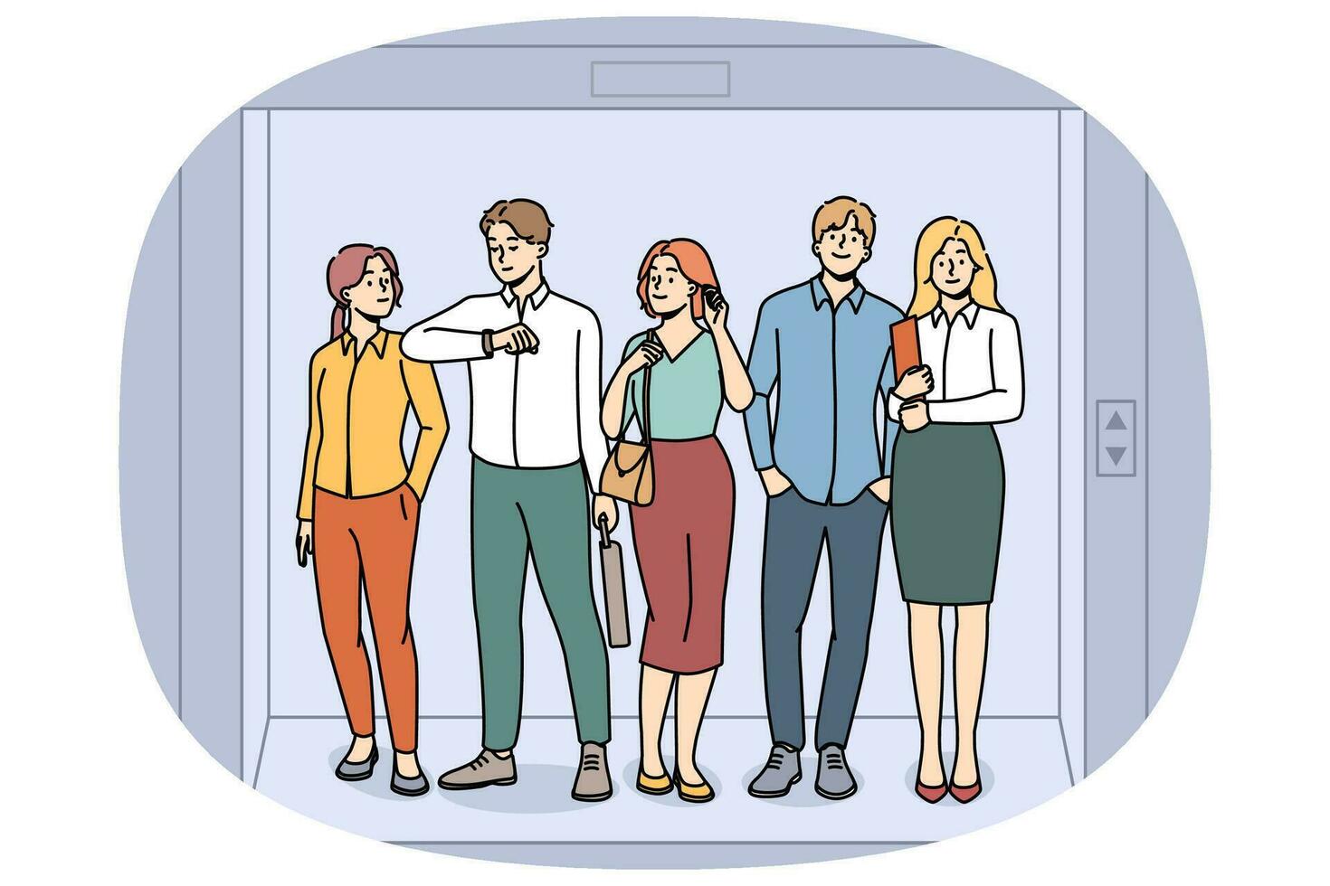 Businesspeople sanding in elevator together. Employees or colleagues team waiting in lift in office. Teamwork. Vector illustration.