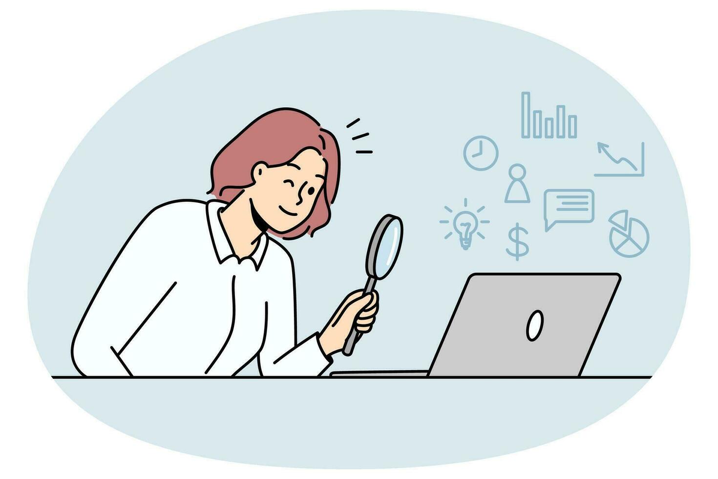 Woman looking at laptop screen with magnifying glass exploring online perspectives and opportunities. Female use magnifier discover options on internet on computer. vector
