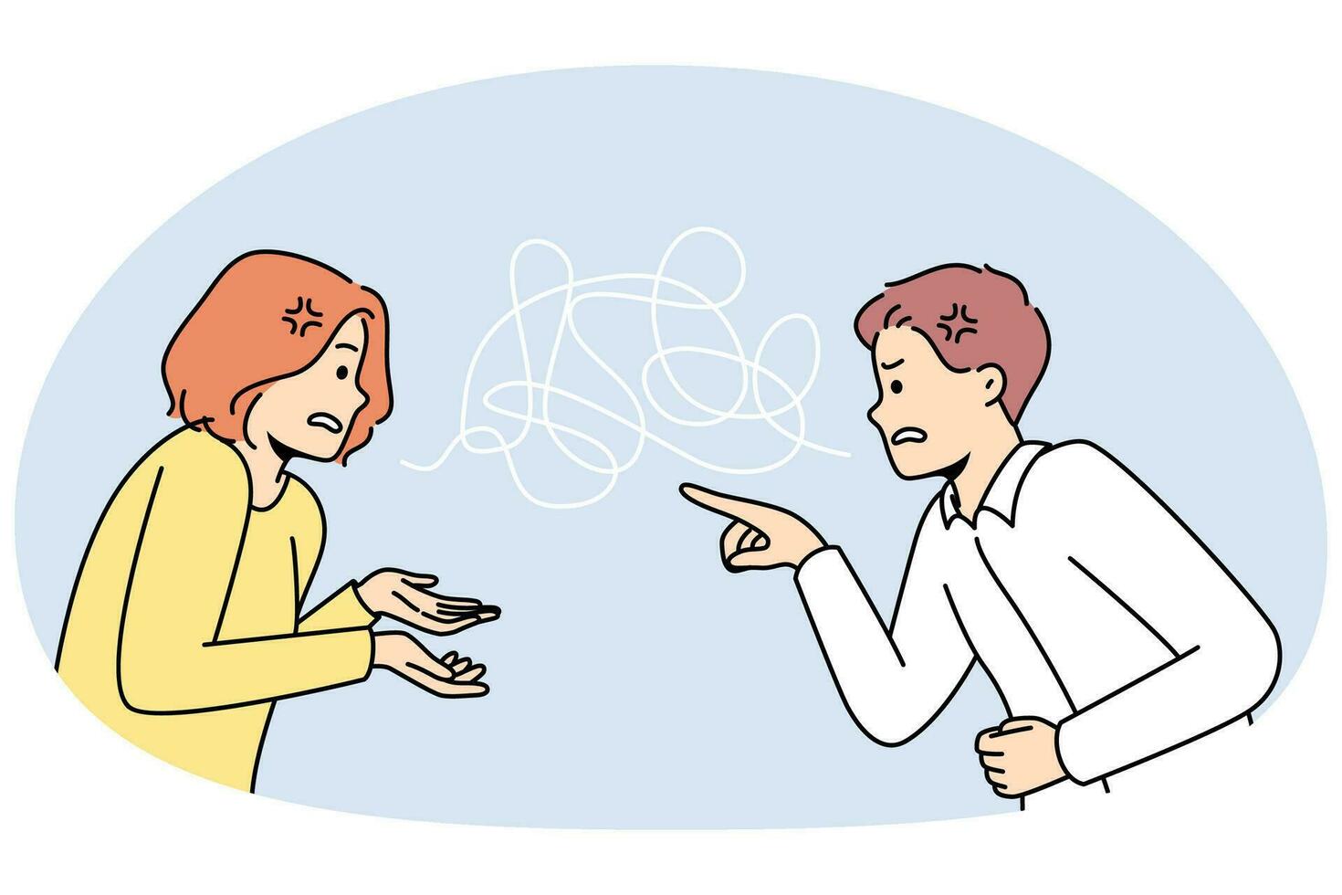Couple fight involved in toxic relationship blaming each other. Man and woman argue lead to breakup or divorce. Relation problem. Vector illustration.