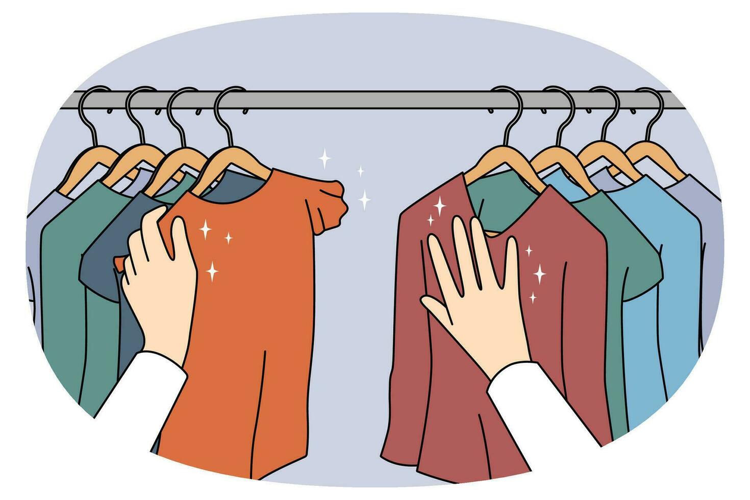 Person choosing clothes on hangers in shop. Client or customer renew wardrobe buying garment in boutique. Shopping and consumerism. Vector illustration.