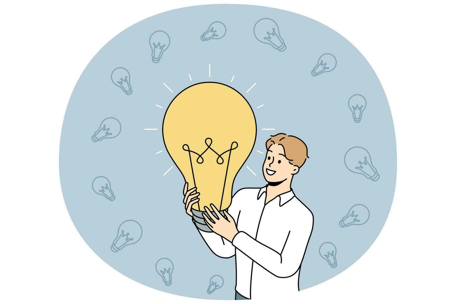 Person holding lightbulb generate creative business idea. Businessperson with light bulb brainstorm solve problem. Solution and innovation. Vector illustration.