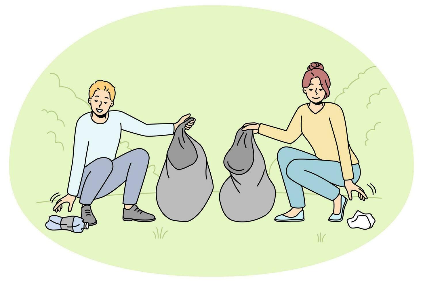 Man and woman pick up trash on street care about nature and environment. Couple volunteers or activist clean outdoors from garbage. Environmental conservation. Vector illustration.