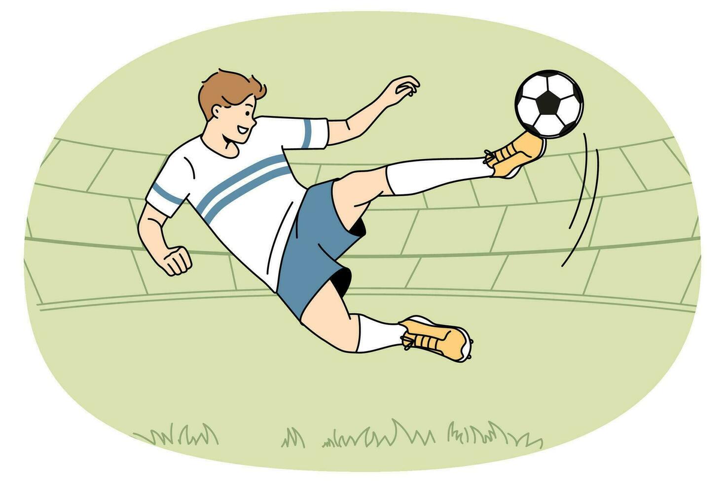 Footballer player kick ball at field. Footballer in uniform score goal in match. Sport and game concept. Vector illustration.