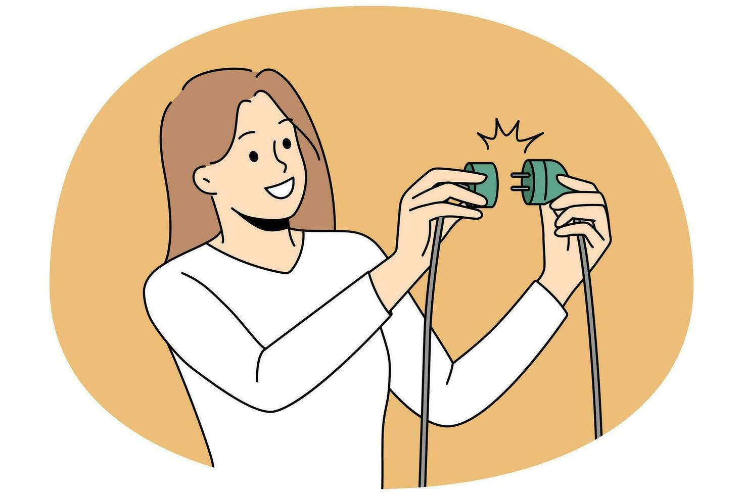 Smiling woman put electric plug into pocket. Concept of problem solution and effectiveness. Productivity and energy source. Vector illustration.