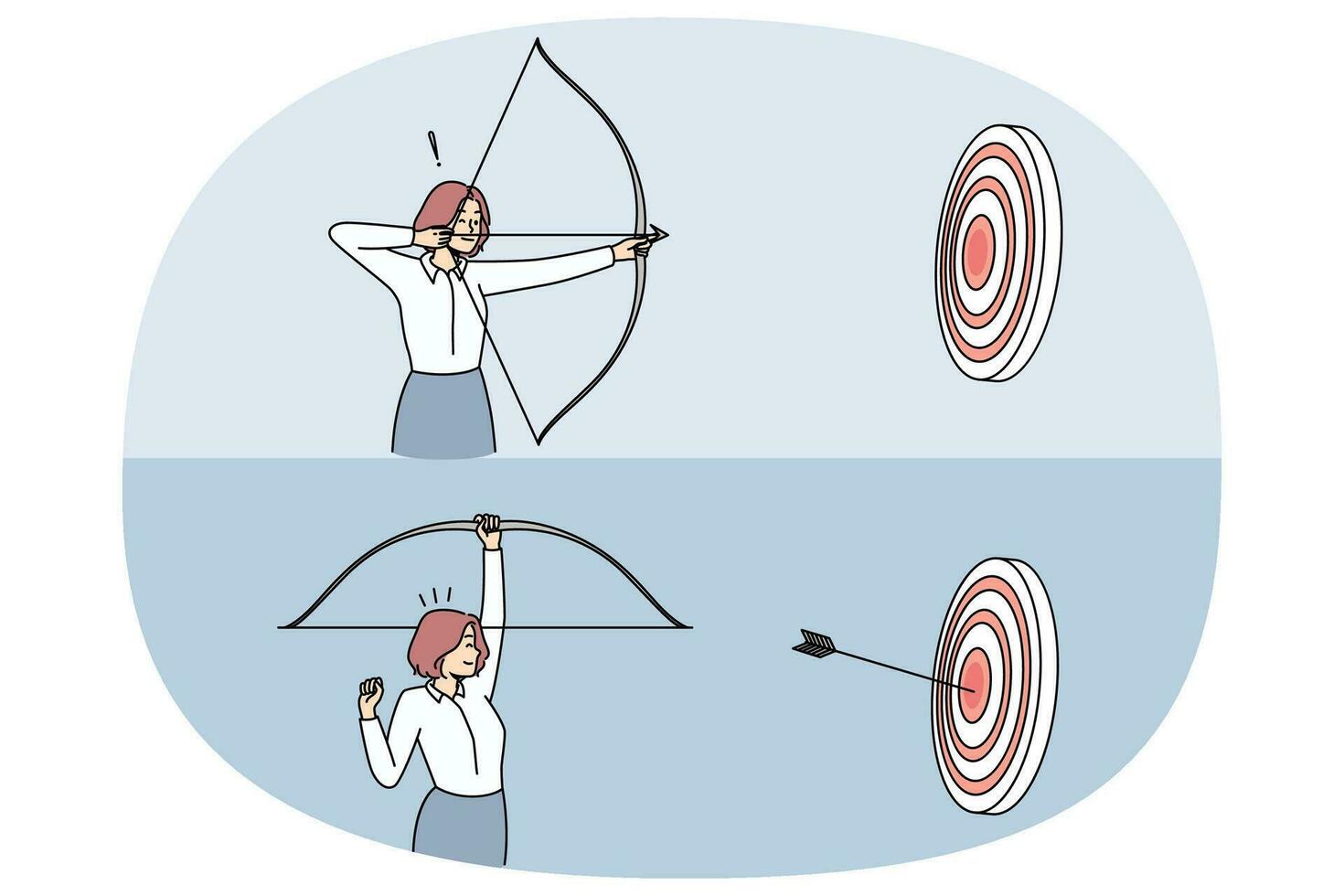 Woman with bow and arrows shooting target. Successful businesswoman win reach business achievement or goal. Success and accomplishment. Vector illustration.