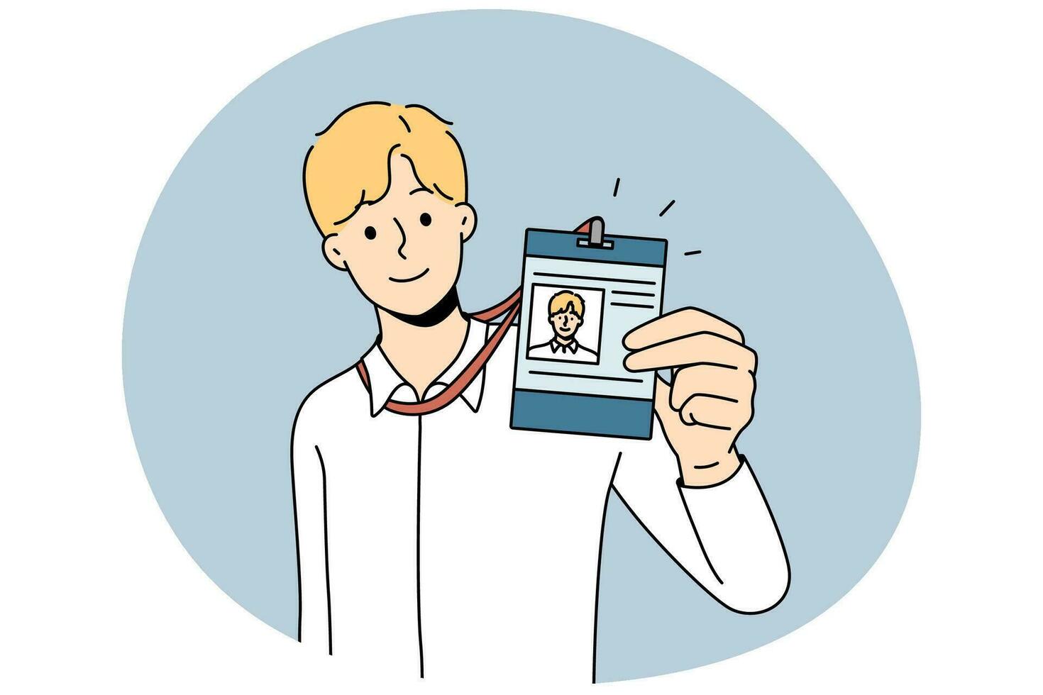 Businessman present ID card in office. Smiling male employee showing personal badge at workplace. Staff document. Vector illustration.