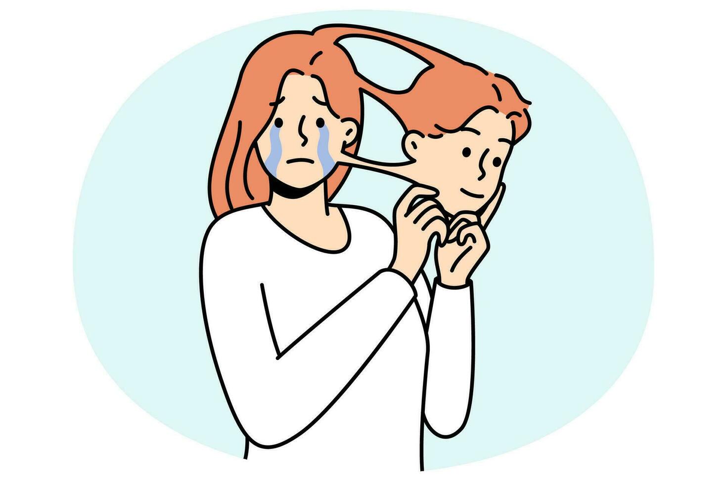 Unhappy crying woman take out mask of man suffer from trans gender identity problem. Concept of transsexual and queer people. Vector illustration.