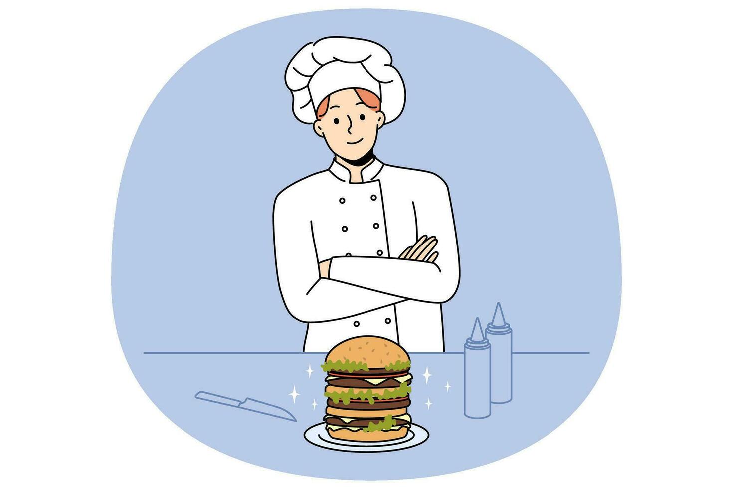 Proud male chef cook burger in bar or cafe. Smiling man in uniform preparing American style meal. Fast food at restaurant. Vector illustration.