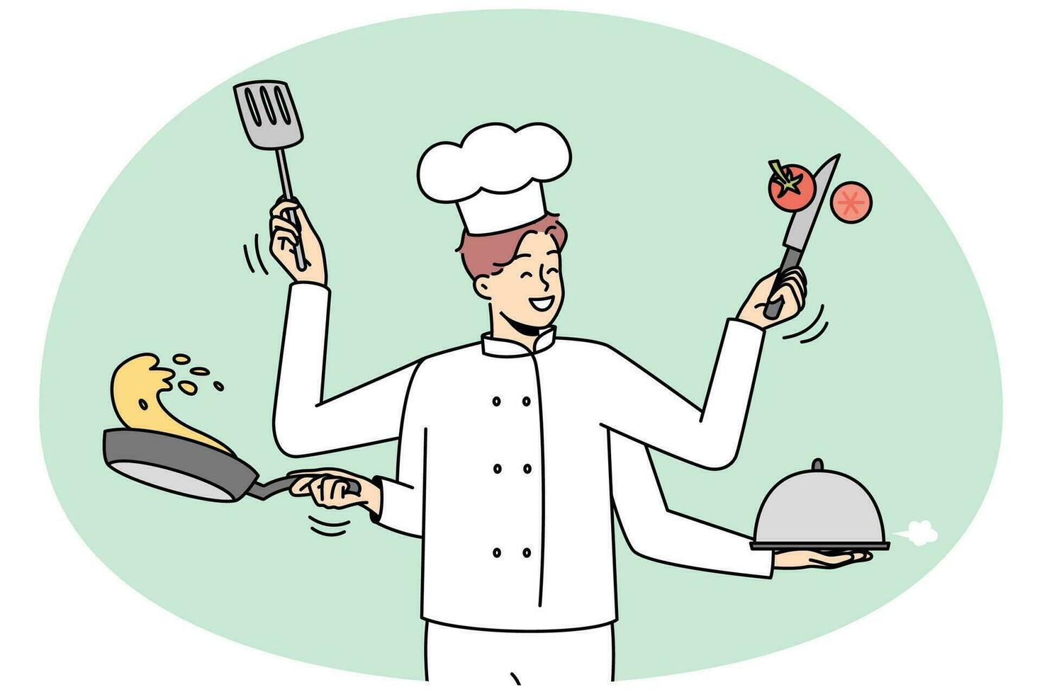 chef masculino sonriente en uniforme con utensilios de cocina multitarea en el trabajo. feliz hombre confiado cocinando con utensilios de cocina. ilustración vectorial vector