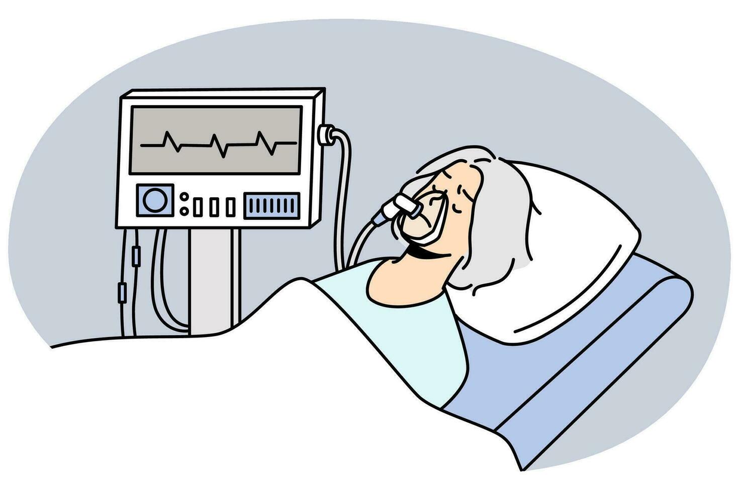 Old woman in mask lying under ventilator in hospital. Mature patient breathing with ventilating machine. ICU hospital intensive. Vector illustration.