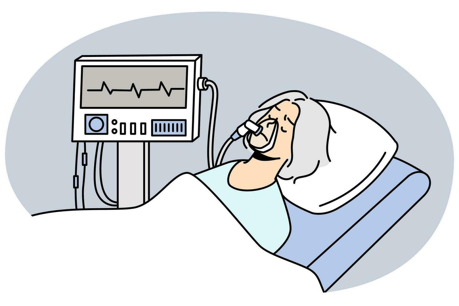 anciana enmascarada bajo el ventilador en el hospital. paciente maduro respirando con máquina de ventilación. UCI hospitalaria intensiva. ilustración vectorial vector