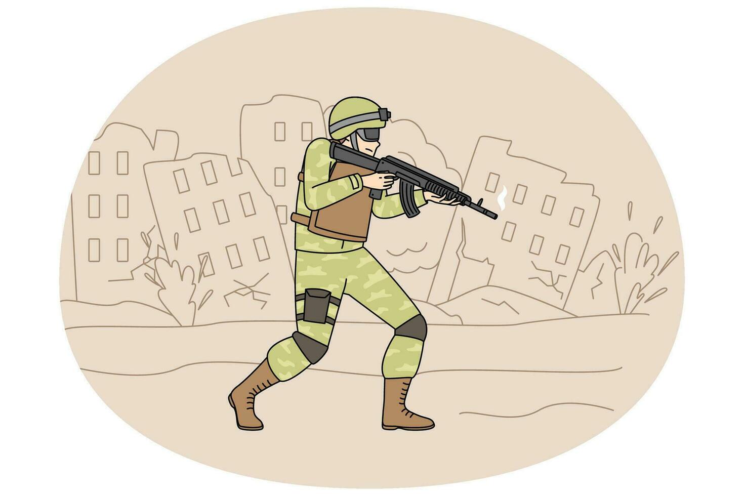 Soldier in uniform with gun walking destroyed city protecting land. Warrior on military service at war. Serviceman at front. Vector illustration.