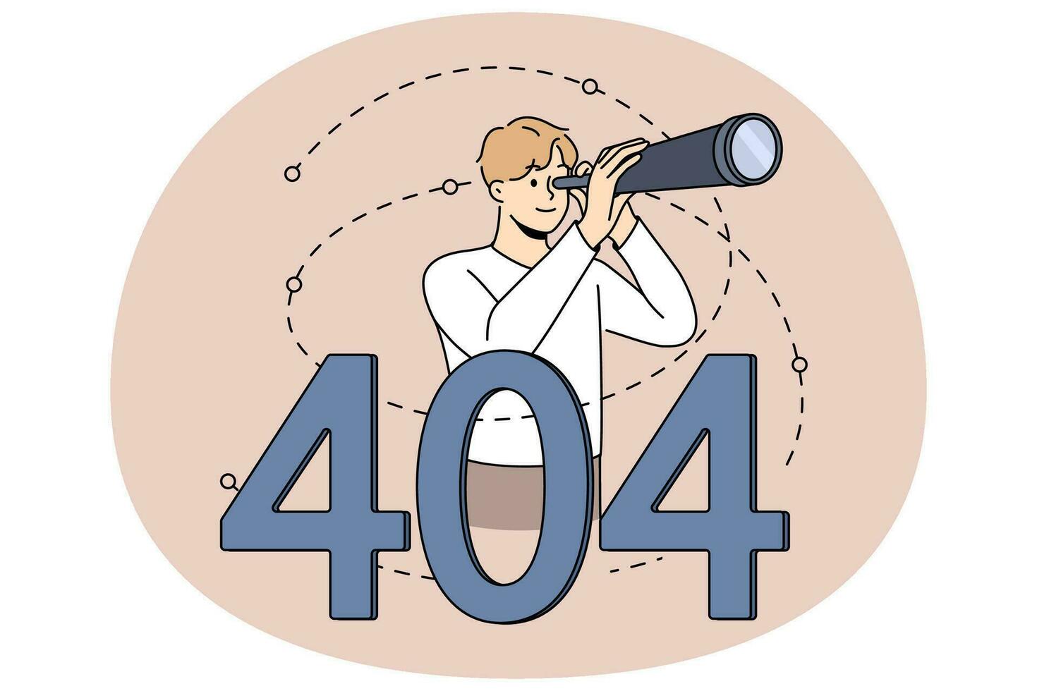 Man with binocular tube on Page Not Found Background. Male looking for information on internet see error page. Vector illustration.