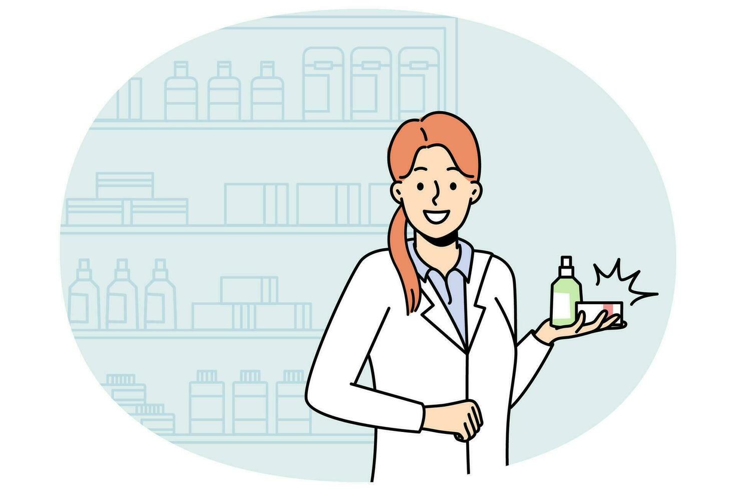 Female pharmacist with medication standing in drugstore. Woman medical specialist with drugs in pharmacy. Medicine and healthcare. Vector illustration.