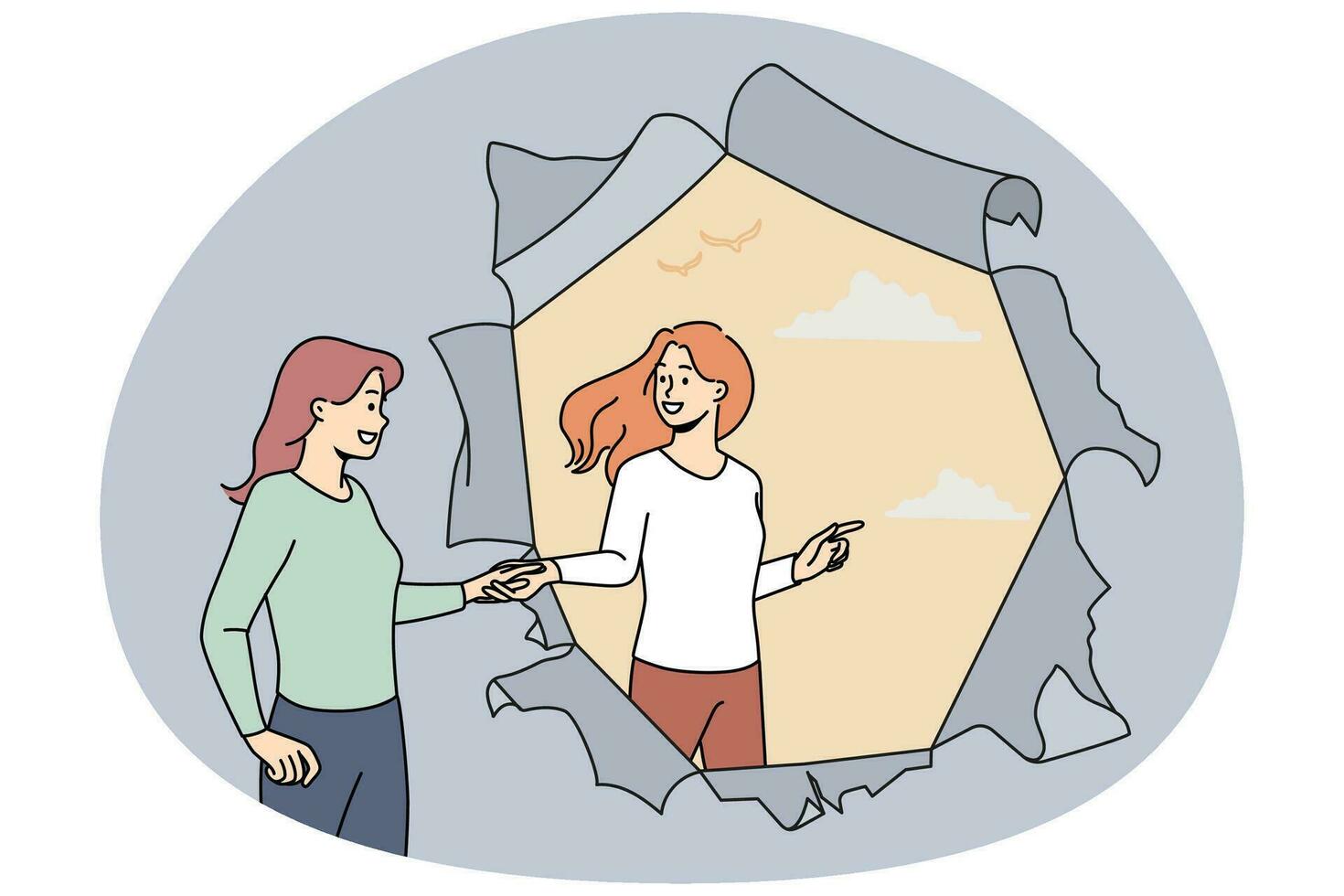 Woman helping friend get rid of depression or anxiety. Caregiver stretch helping hand to female struggling with mental problems. New life and stress relief. Vector illustration.