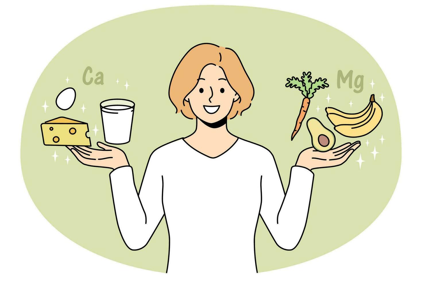 Smiling young woman holding calcium and magnesium products in hands. Happy female follow healthy lifestyle. Diet and nutrition. Vector illustration.