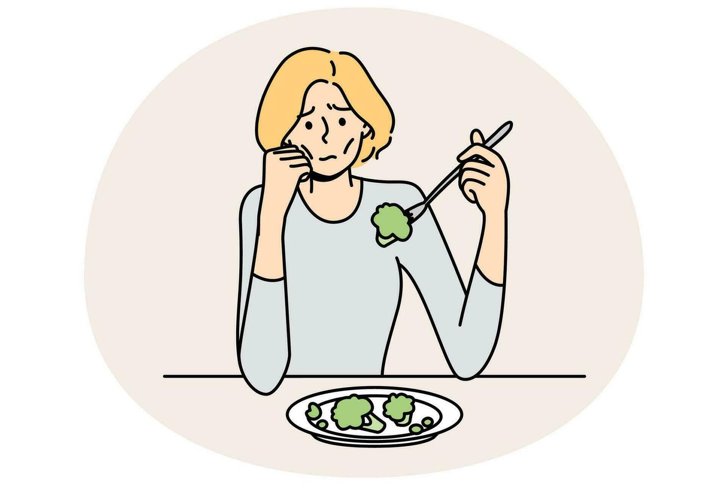 Unhappy anorexic woman suffer eating food. Upset stressed skinny female struggle with meal disorder. Health problem and healthcare. Vector illustration.