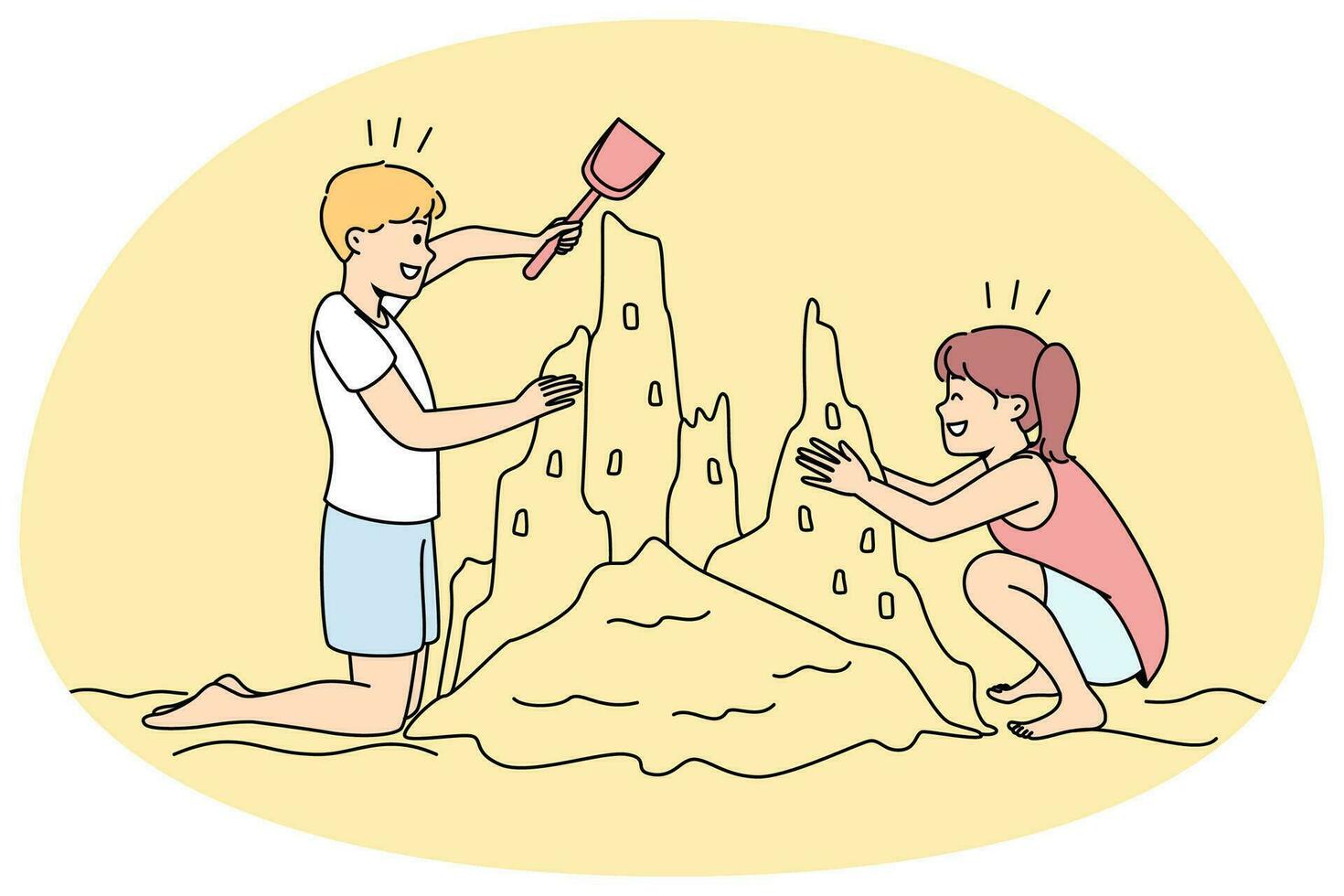 Happy kids building sand castle on beach. Smiling children have fun playing on seashore on summer vacation. Vector illustration.