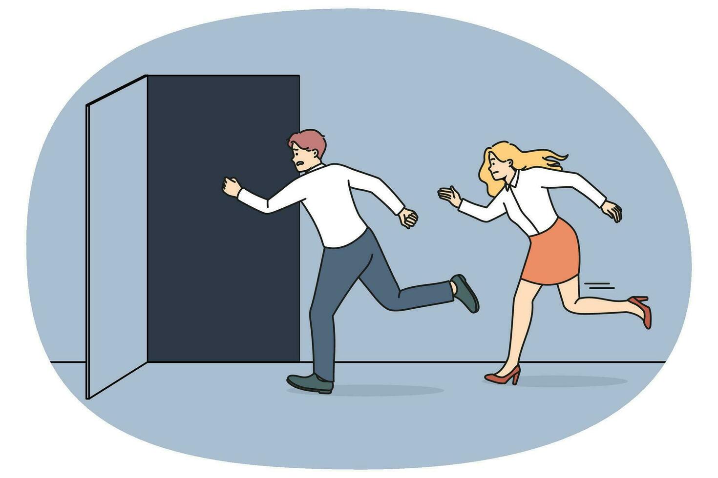 People running to open door being late in office. Businesspeople or employee hurry leaving workplace on Friday. Vector illustration.