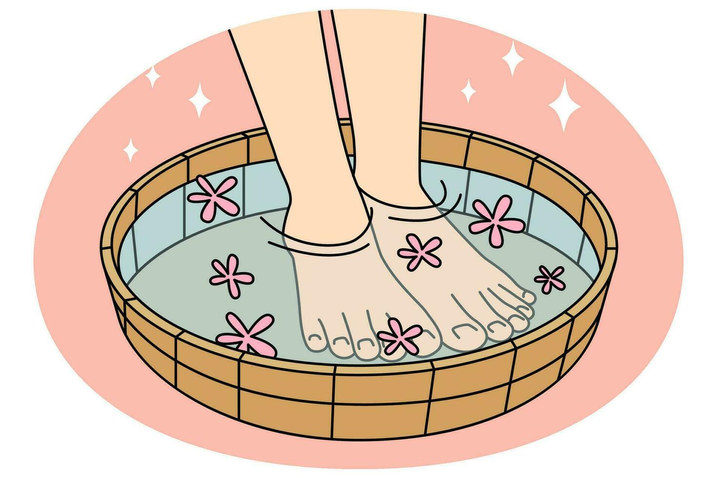 Close-up of legs in bowl with water and flowers. Person enjoy procedures in spa or saloon. Aromatherapy and relaxation. Vector illustration.