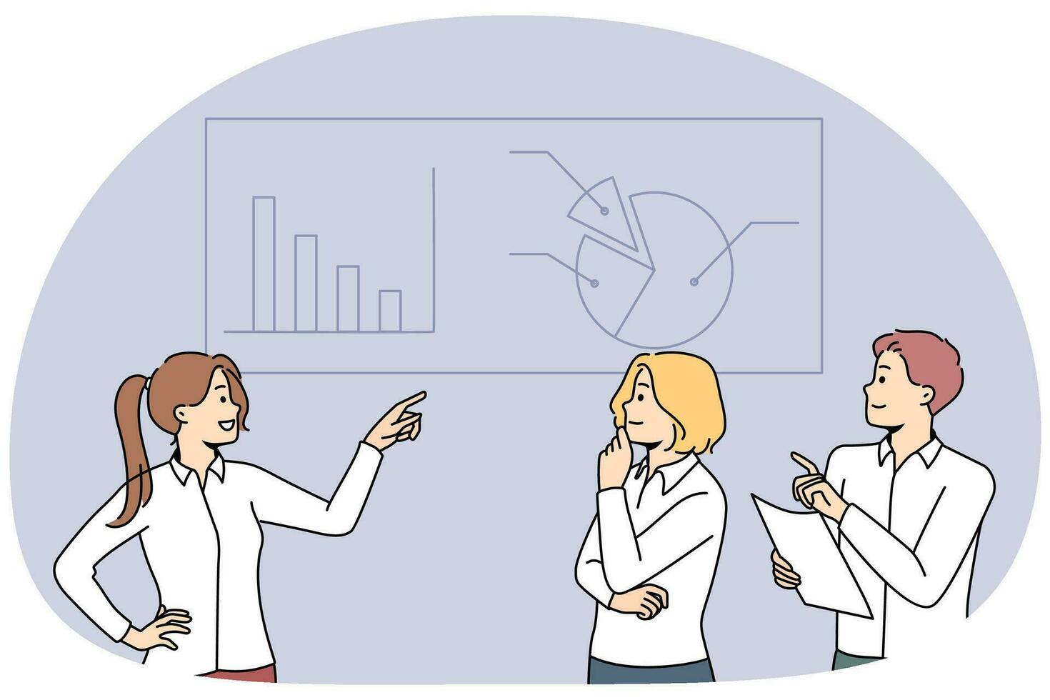 los empresarios intercambian ideas sobre gráficos financieros juntos en el cargo. los empleados hablan sobre los diagramas en la reunión en el lugar de trabajo. trabajo en equipo. ilustración vectorial vector