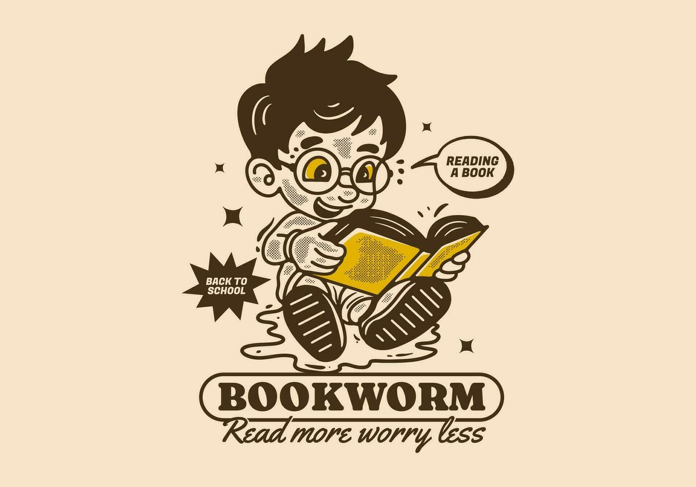 Bookworm, read more worry less, illustration of a little boy sitting and reading a book, in vintage style vector