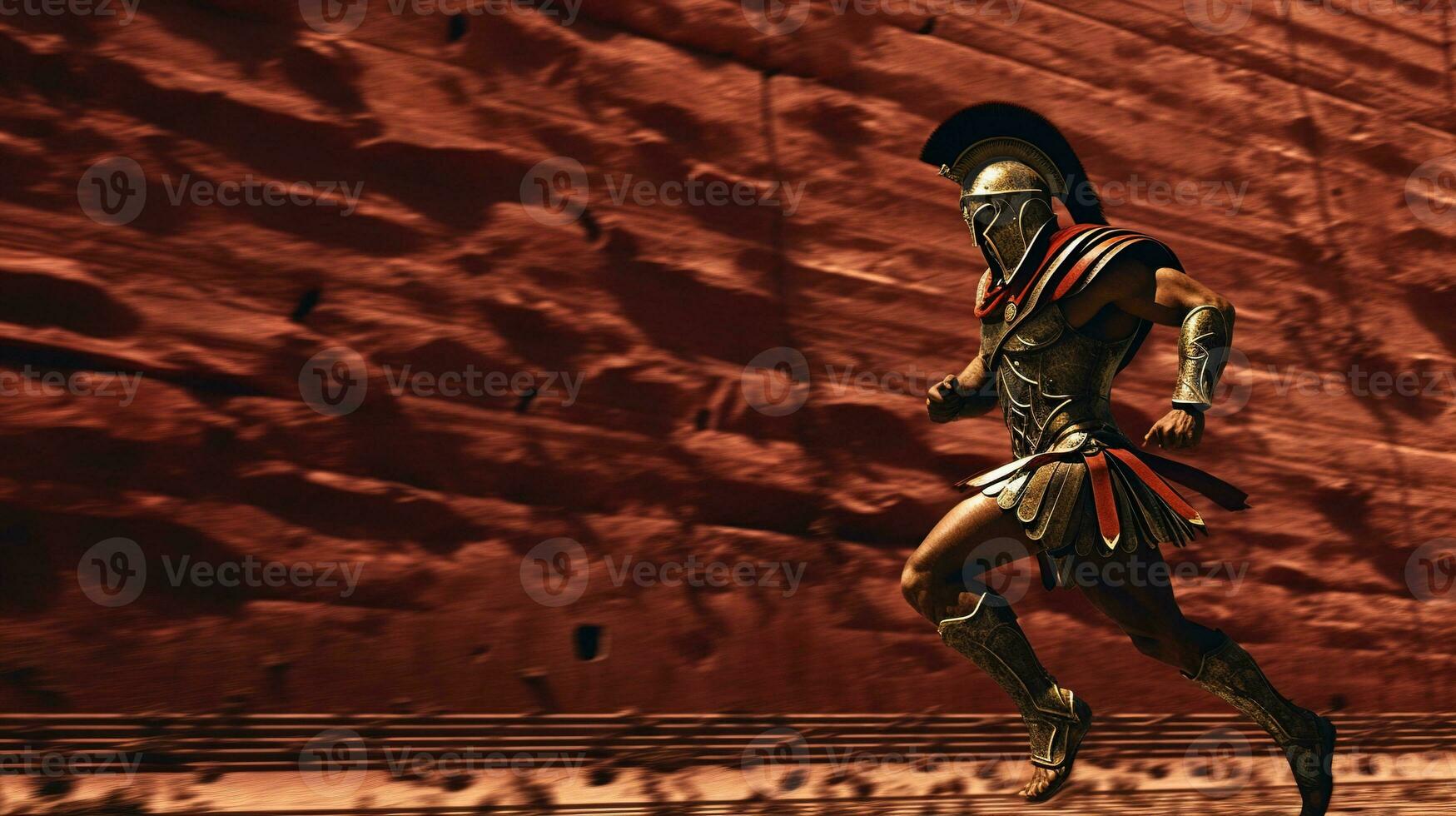 Generative AI, Realistic illustration of a fierce gladiator attacking, running. Armoured roman gladiator in combat wielding a sword charging towards his enemy. photo