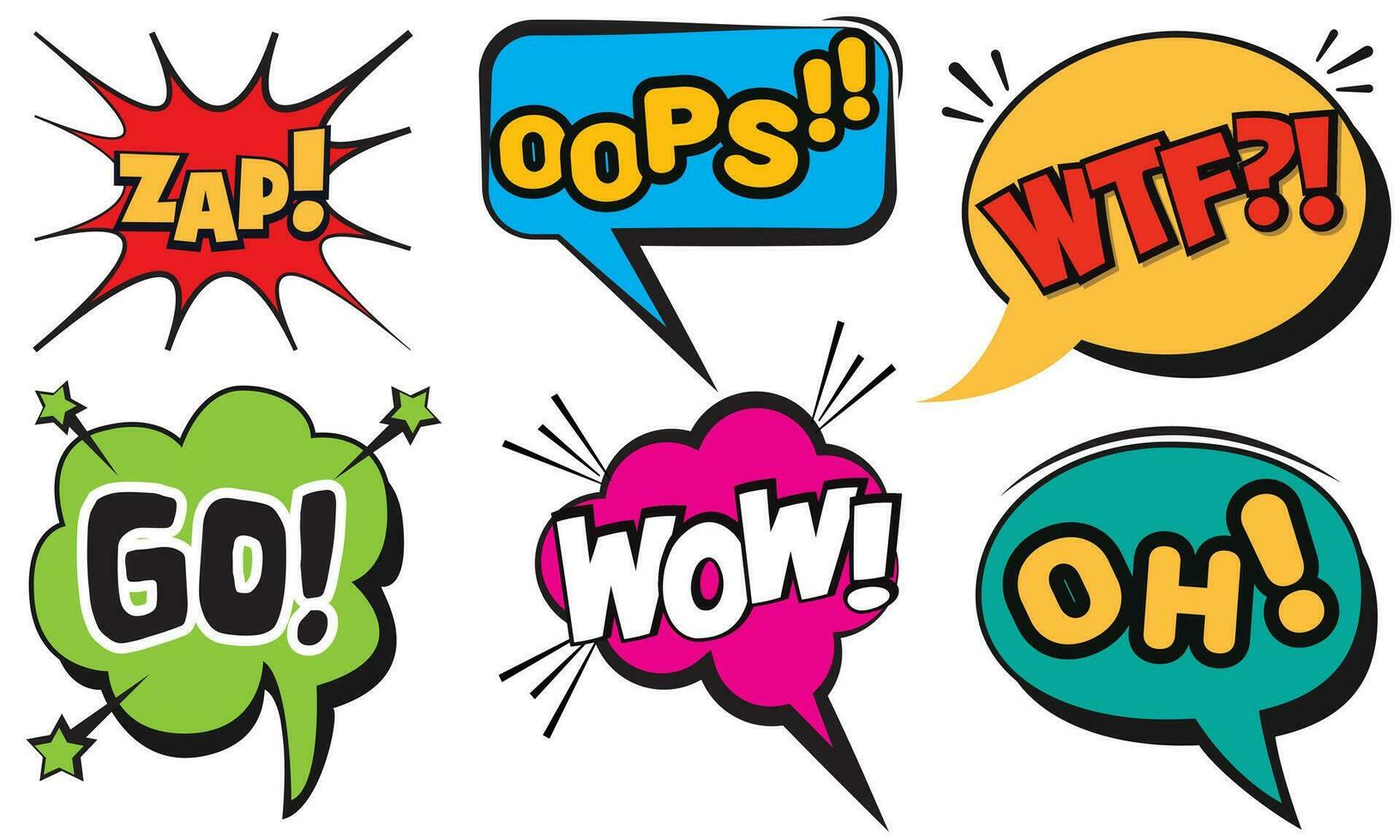 Vector set of comic sound effects, pop art message speech bubbles different shapes and emotions with word. Comics fun book balloon. Cartoon explosion cloud dialog on white background.