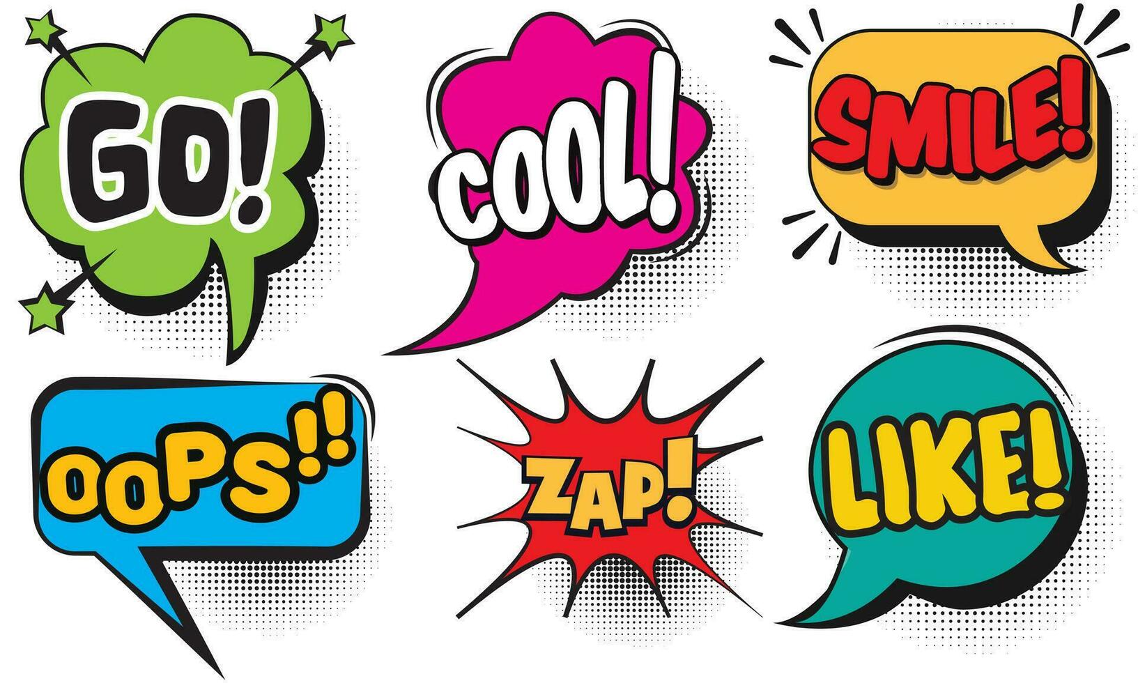 Set of bright cool and dynamic comic speech bubbles for different emotions and sound effects. comic bubble speech. vector