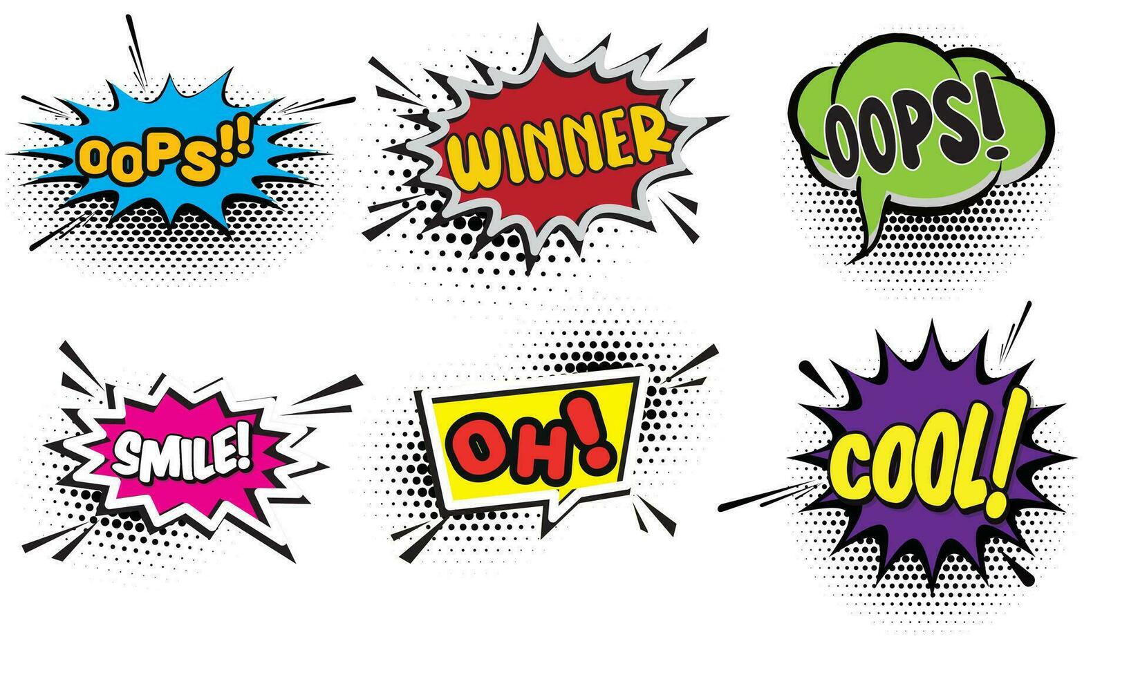 Vector set of comic sound effects, pop art message speech bubbles different shapes and emotions with word. Comics fun book balloon. Cartoon explosion cloud dialog on white background.