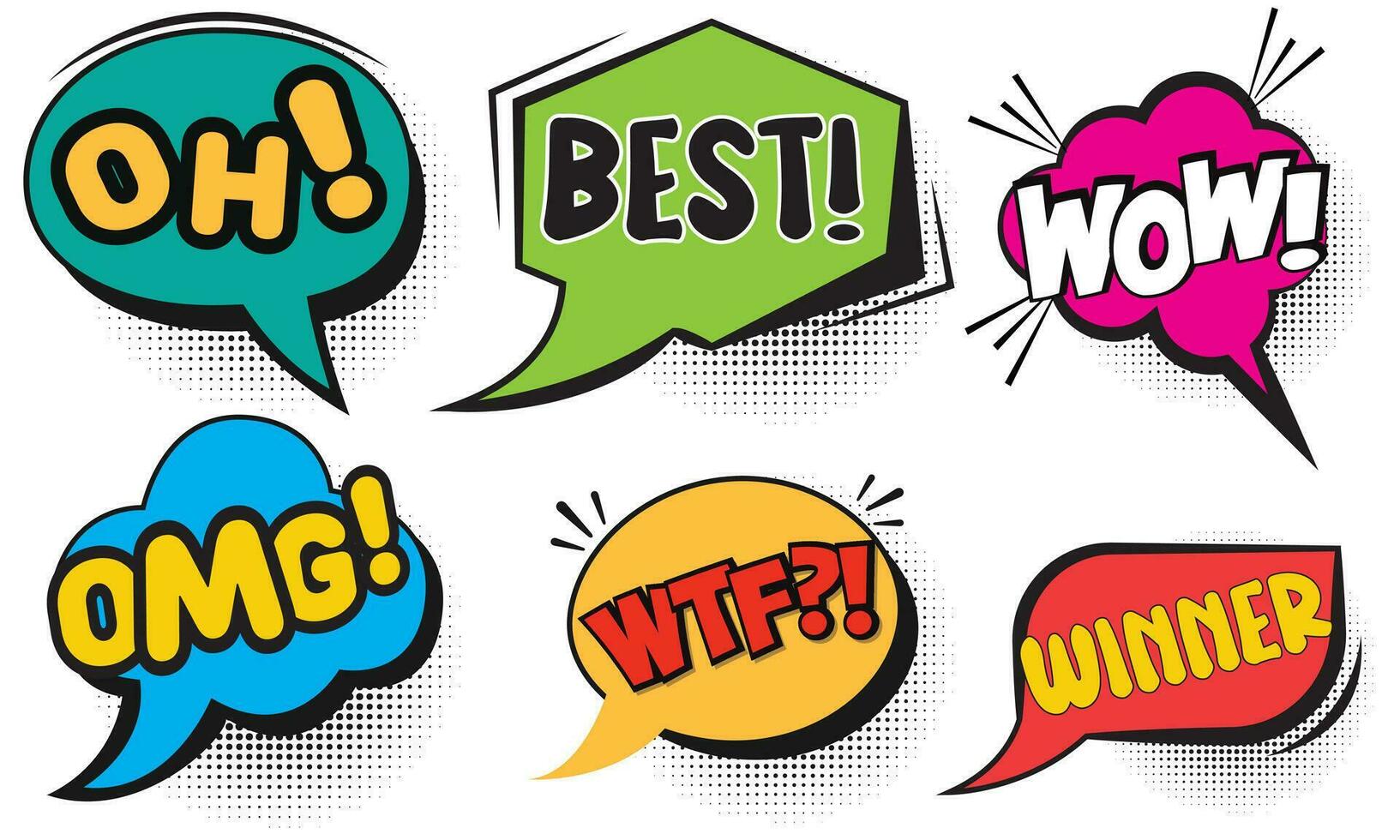Vector set of comic sound effects, pop art message speech bubbles different shapes and emotions with word. Comics fun book balloon. Cartoon explosion cloud dialog on white background.
