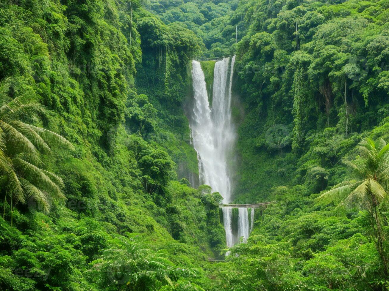 un cascada rodeado por lozano verde vegetación ai generado foto