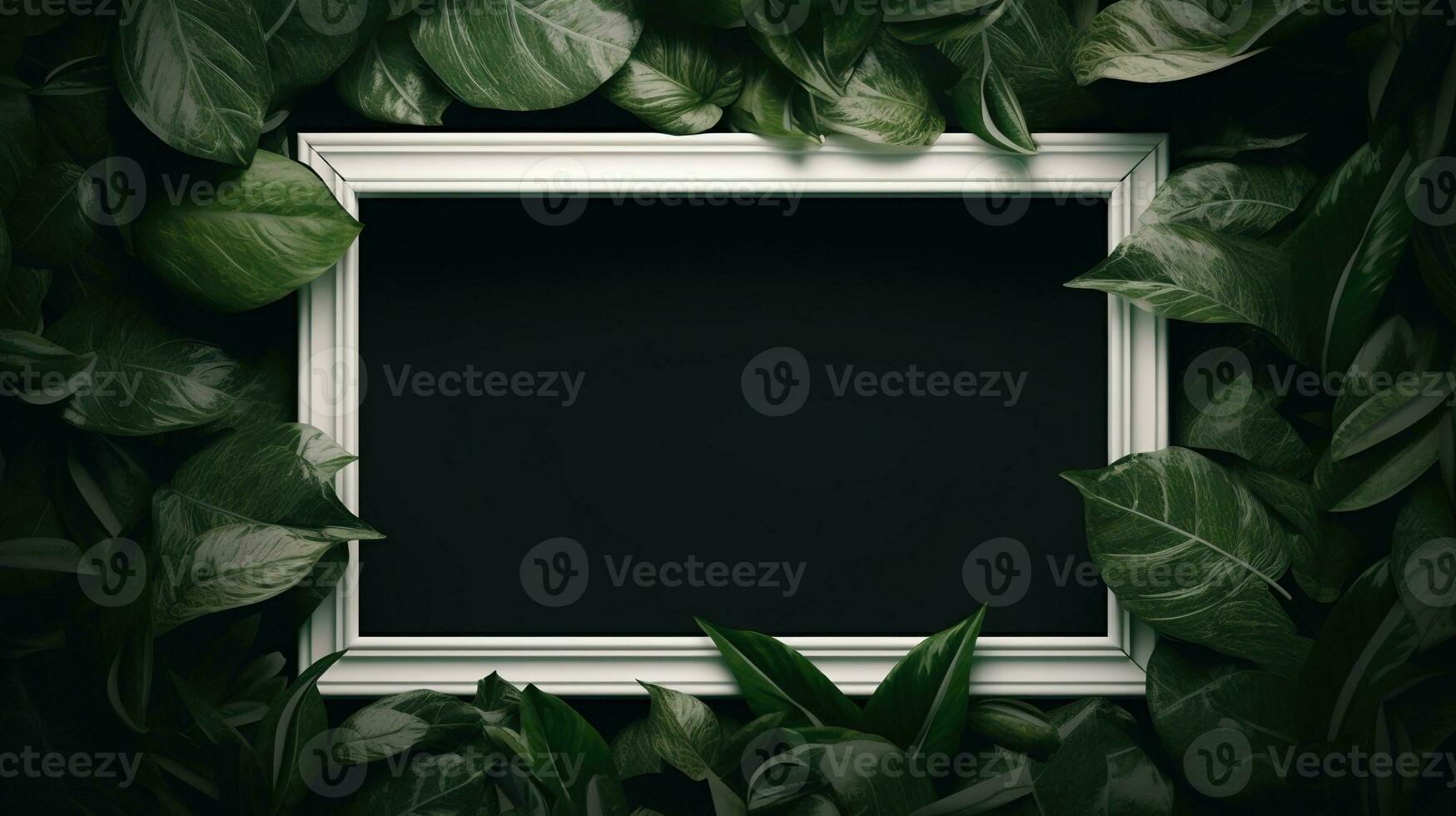 Generative AI, creative layout with green leaves and square frame, flat lay. Nature background with copy space photo