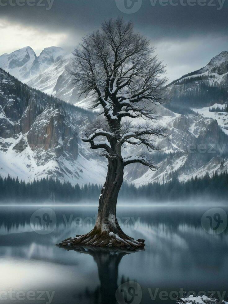 a lone tree stands on the shore of a lake with mountains in the background ai generated photo