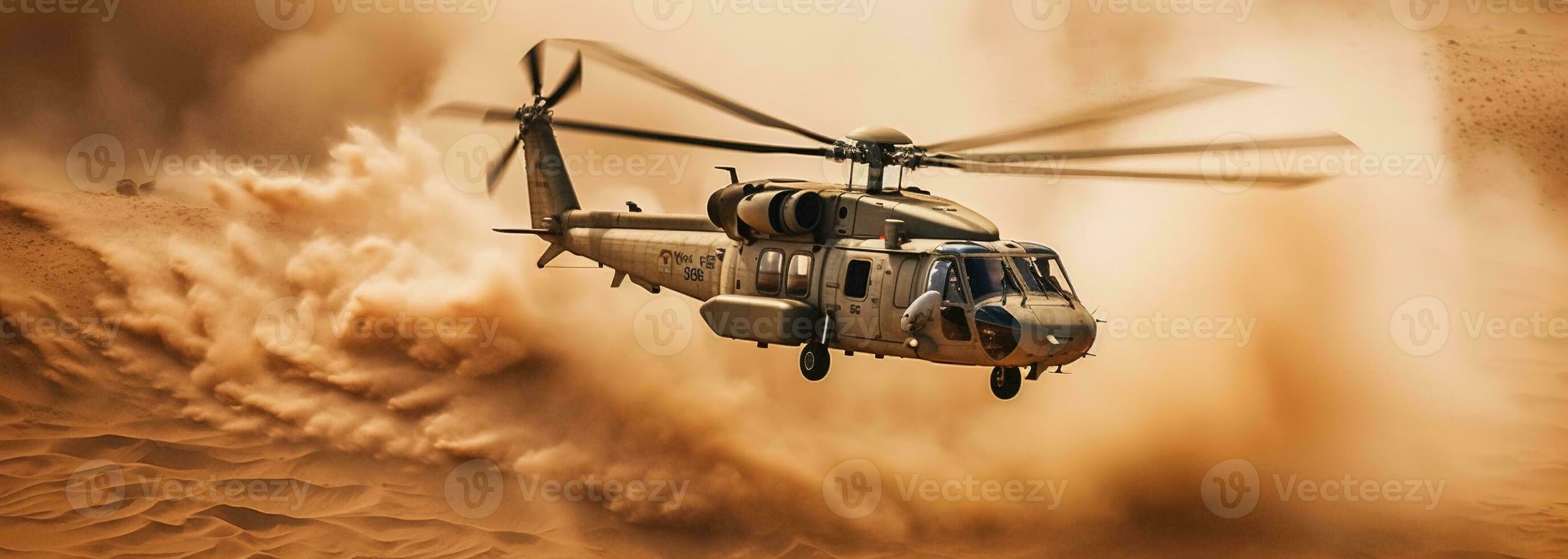 Generative AI, military helicopter takes off in thick dust clouds. photo