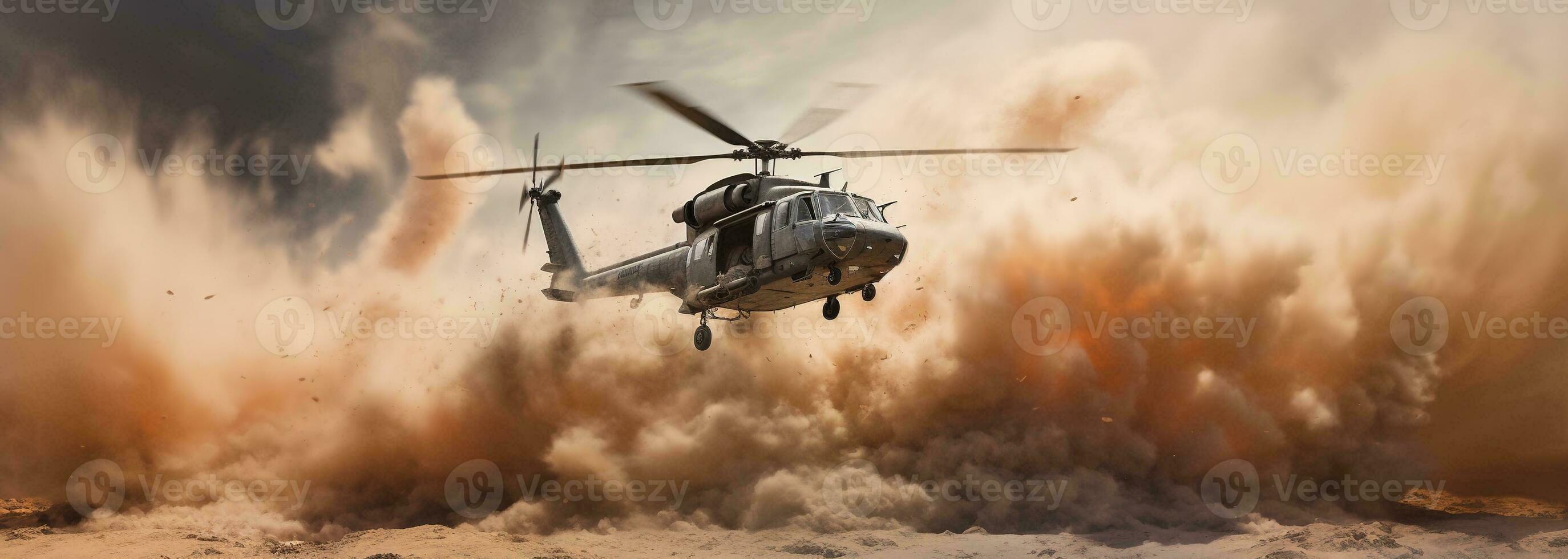 Generative AI, military helicopter takes off in thick dust clouds. photo