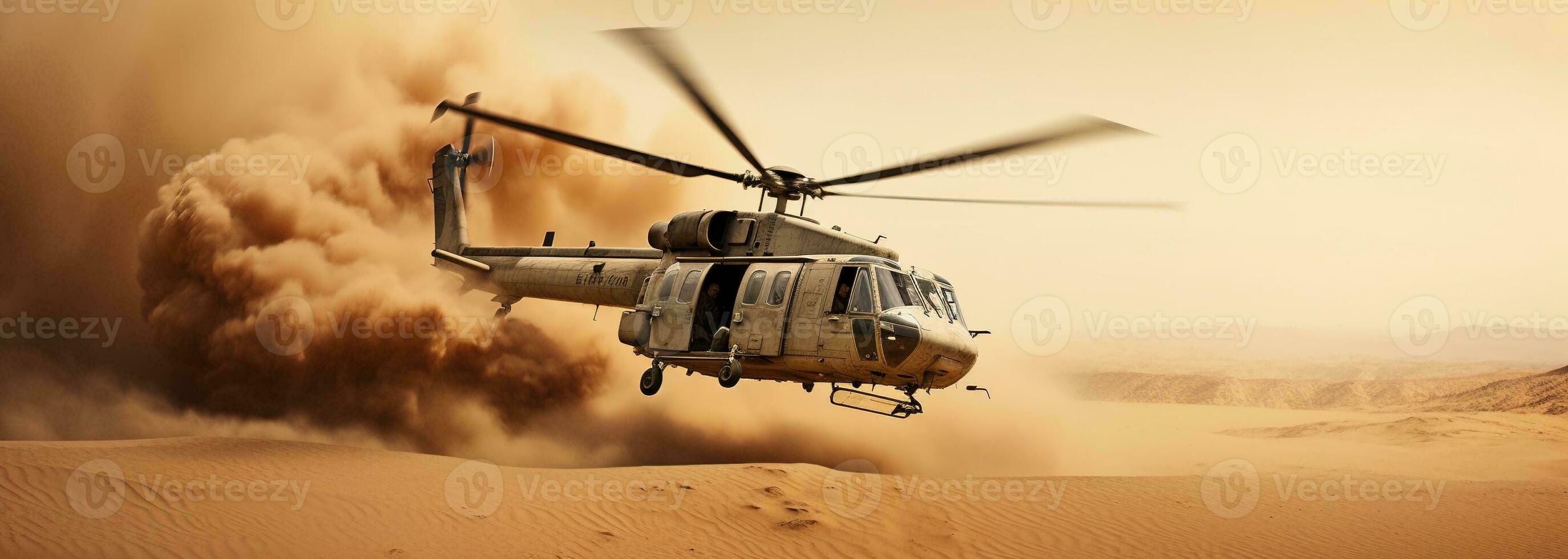 Generative AI, military helicopter takes off in thick dust clouds. photo