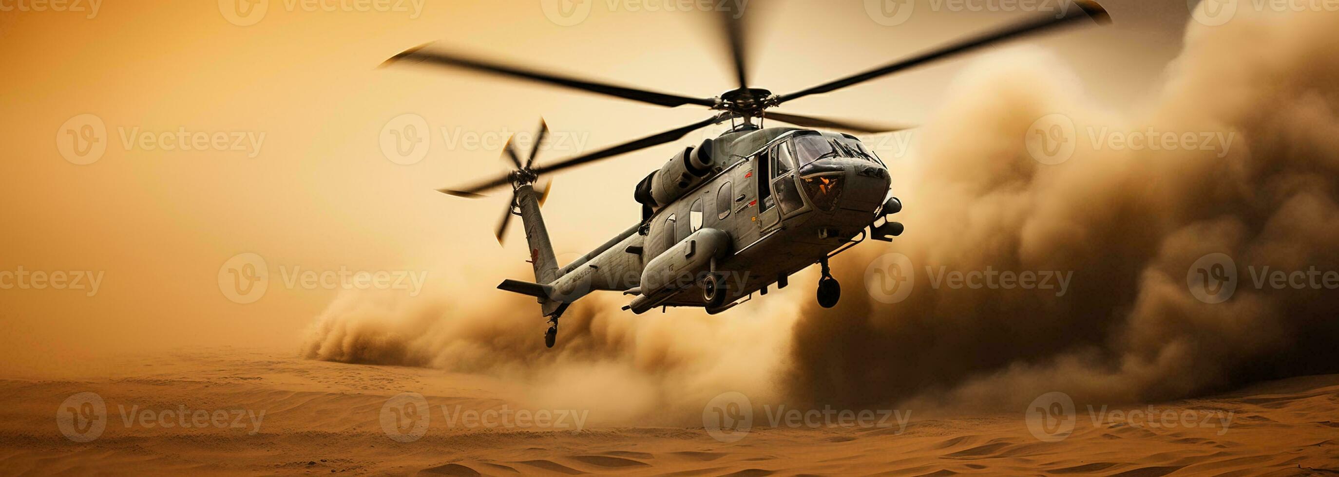 Generative AI, military helicopter takes off in thick dust clouds. photo