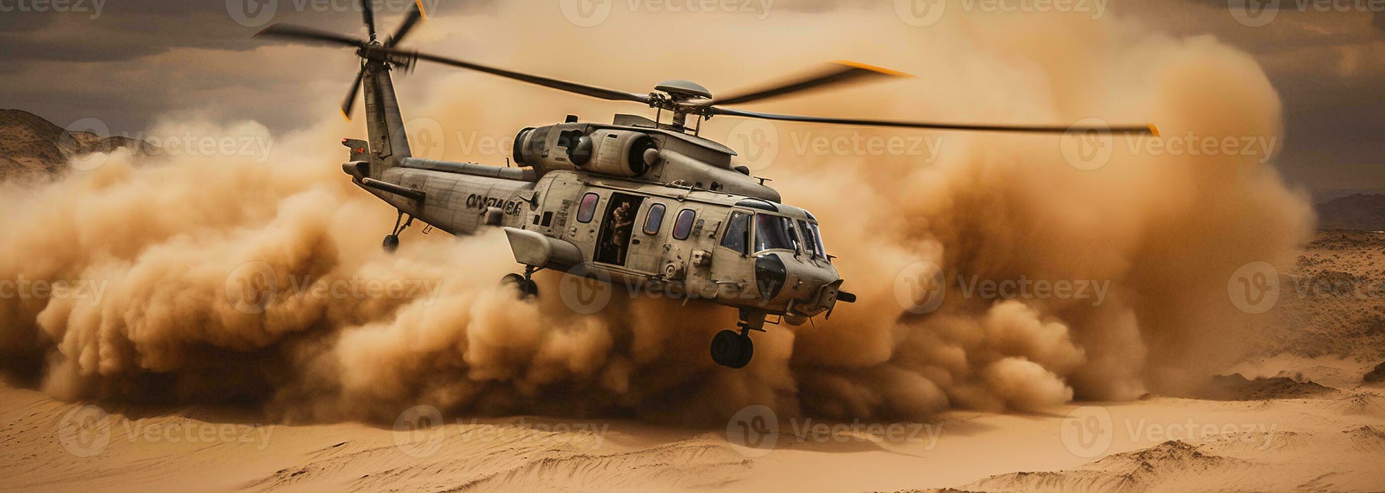 Generative AI, military helicopter takes off in thick dust clouds. photo