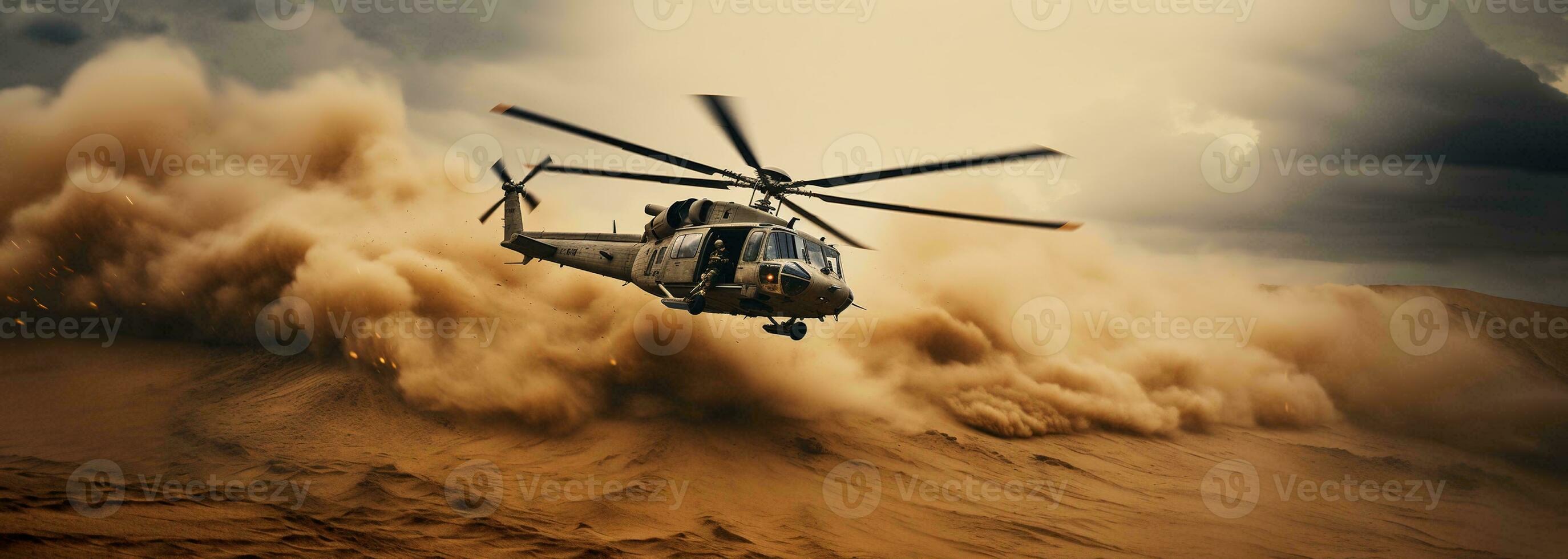 Generative AI, military helicopter takes off in thick dust clouds. photo