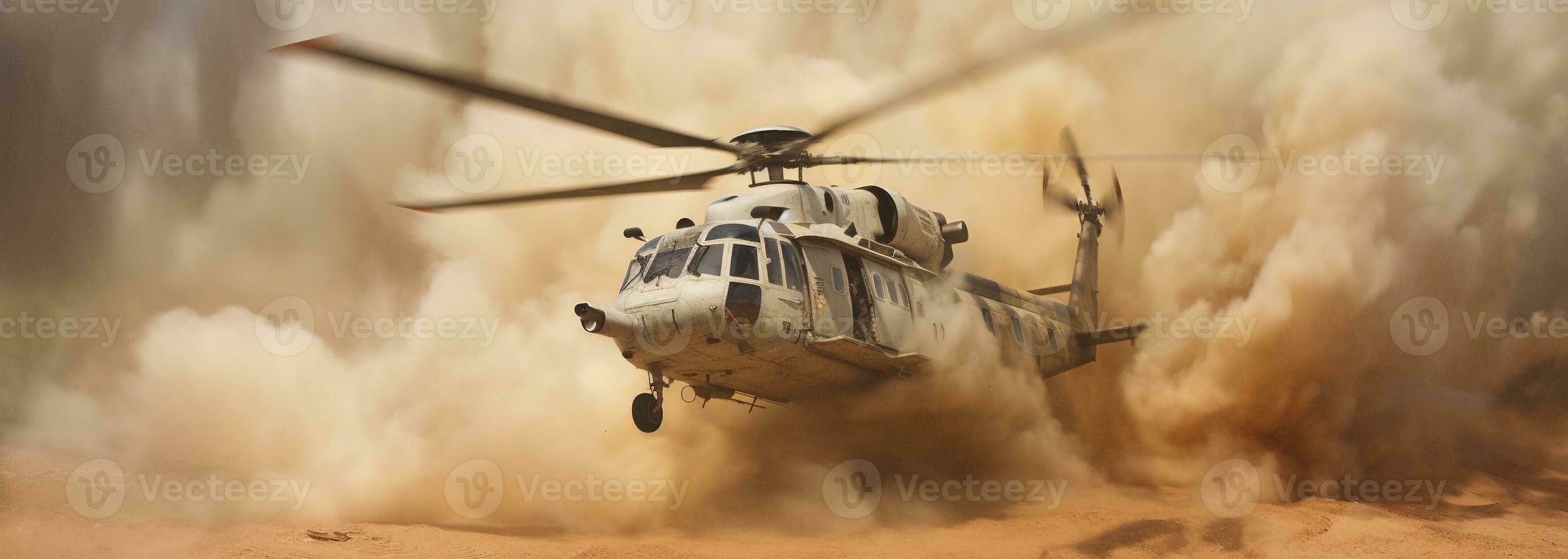 Generative AI, military helicopter takes off in thick dust clouds. photo