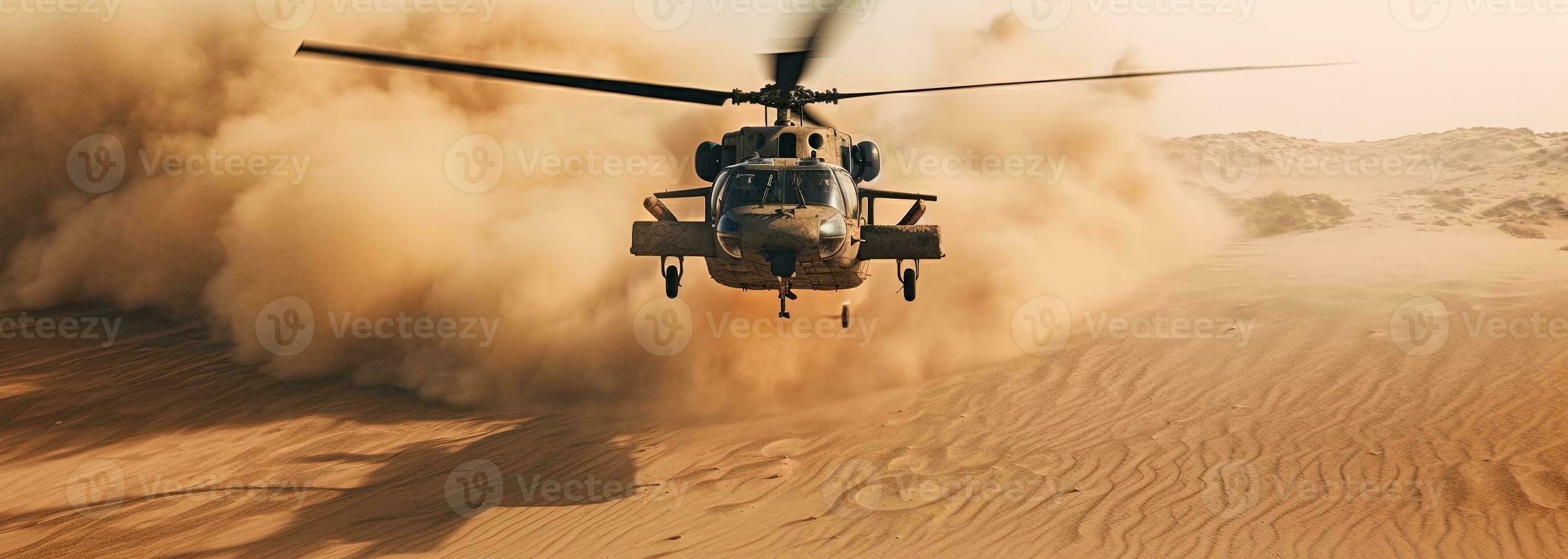 Generative AI, military helicopter takes off in thick dust clouds. photo