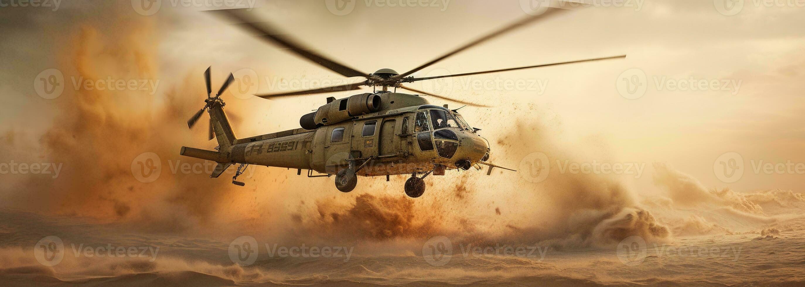 Generative AI, military helicopter takes off in thick dust clouds. photo