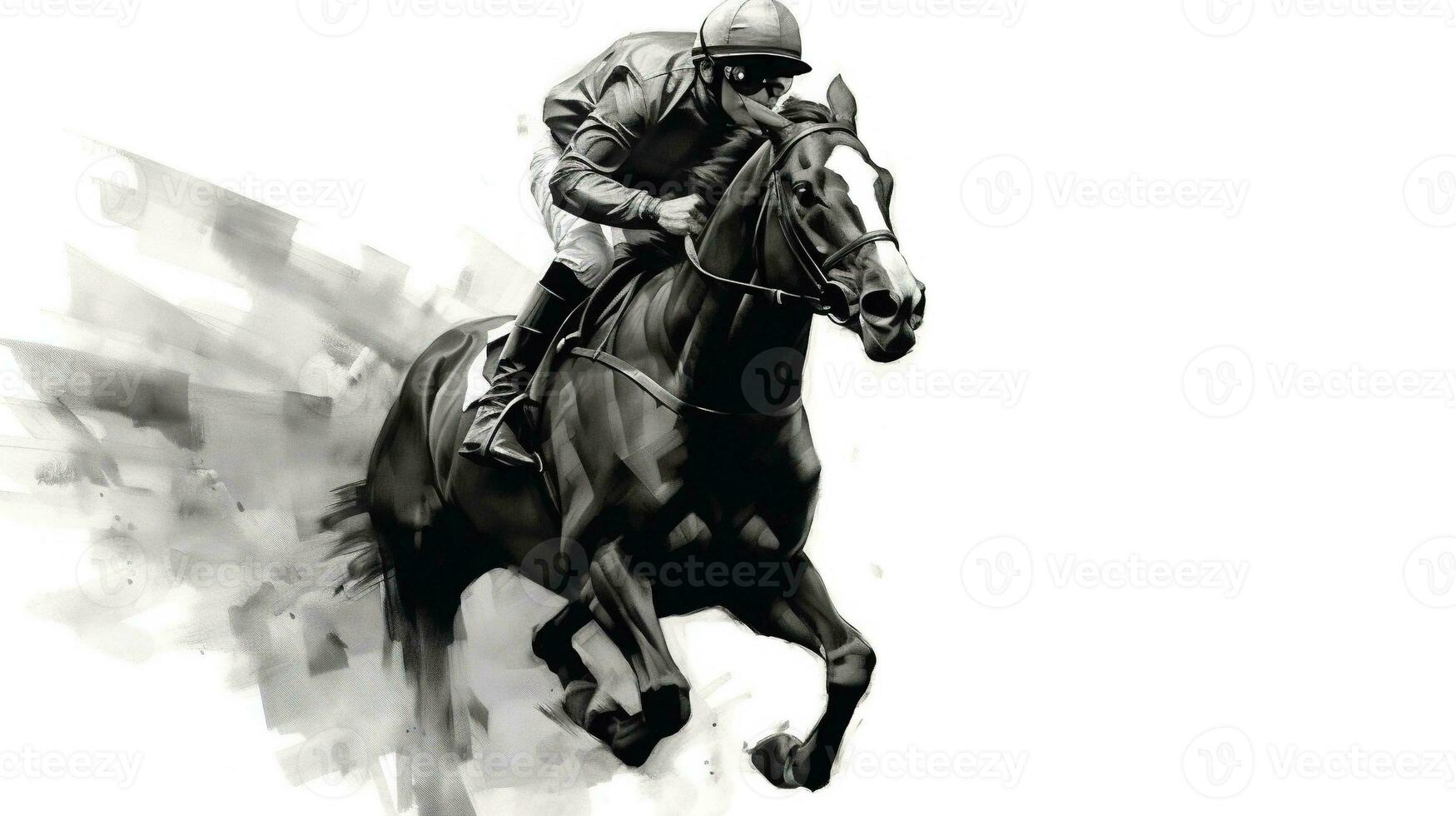 Generative AI, Ink painted racing horse with jockey, equestrian sport, monochrome illustration photo