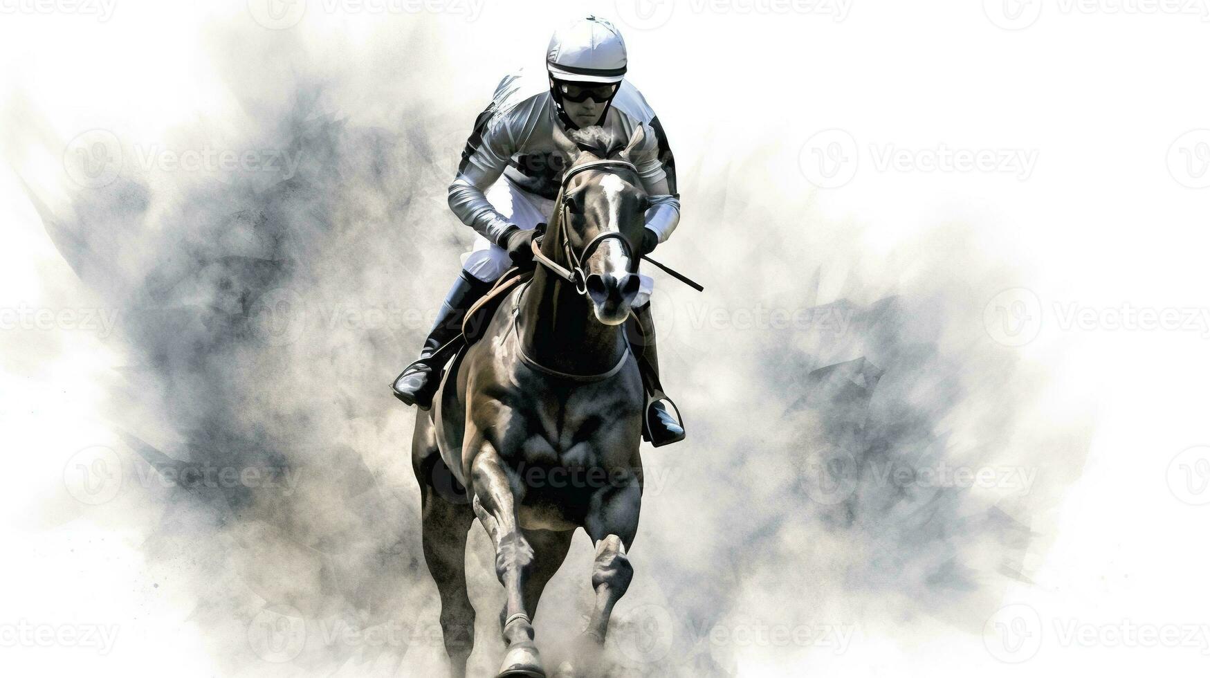 Generative AI, Ink painted racing horse with jockey, equestrian sport, monochrome illustration photo